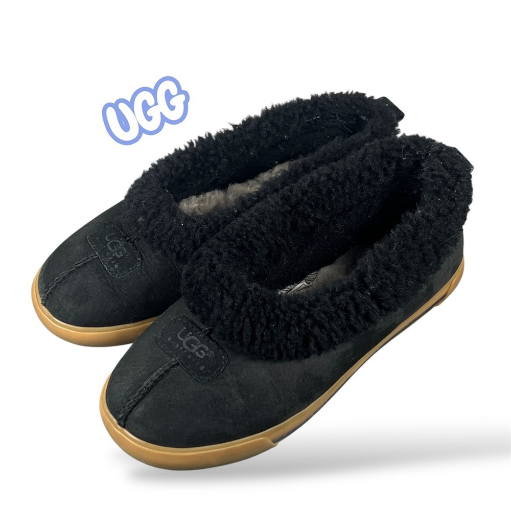 UGG Australia 1871 Black Suede Shearling Lined Slippers Womens 8 Gum Sole Shoes - Picture 1 of 12